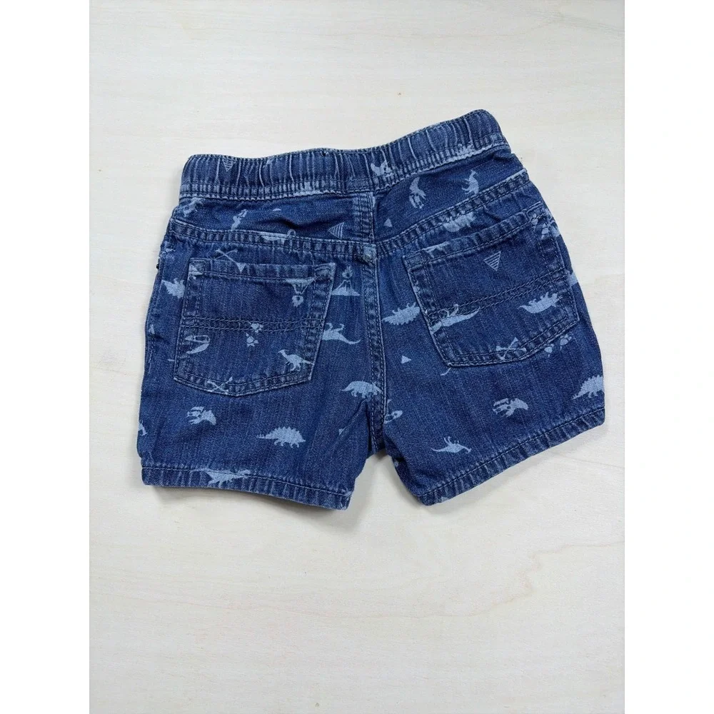 The Childrens Place Boys Blue Dinosaur Print Denim Shorts Elastic Waist 18-24M